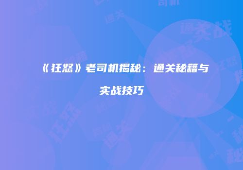 《狂怒》老司机揭秘：通关秘籍与实战技巧
